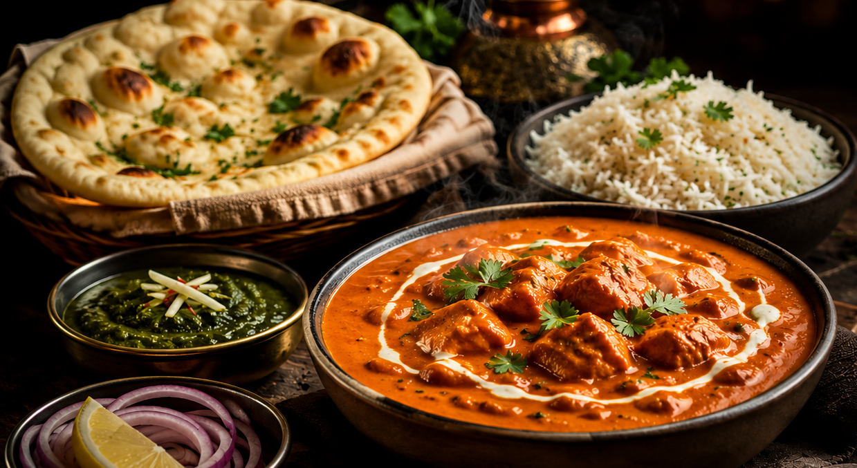Butter chicken with naan, jeera rice and chutney at Aurora Restaurant